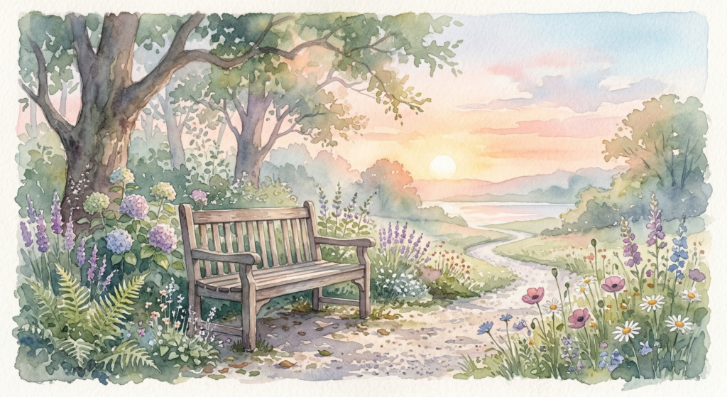 watercolor dawn bench quiet path soft light
